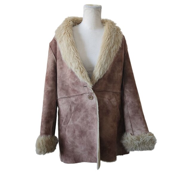 Outbrooke Faux Suede Faux Fur Jacket Y2K 12/14 Large Cuffs Brown